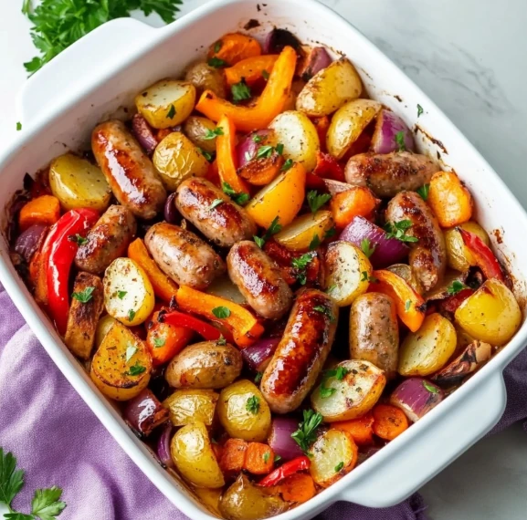 Saucisses et légumes rôtis
