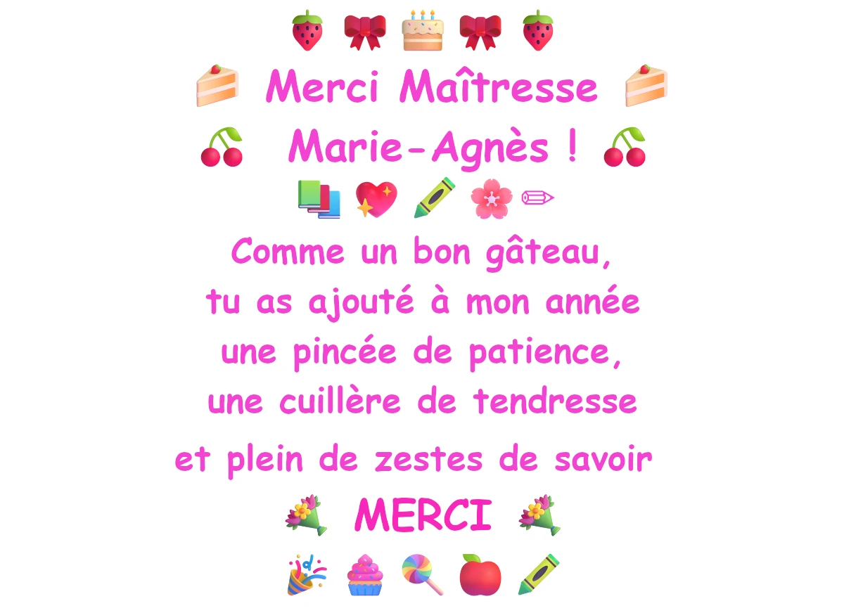 Mot de remerciement pour la maîtresse