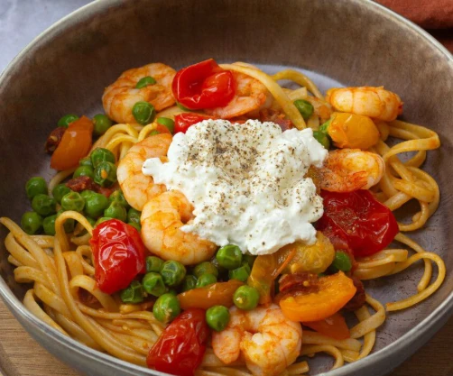 Linguine chorizo crevette cottage cheese