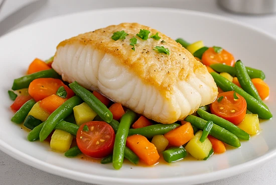 Dos de cabillaud poêlé aux petits légumes