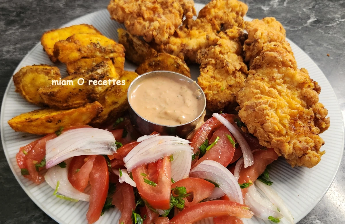 assiette de poulet crispy et ses potatoes