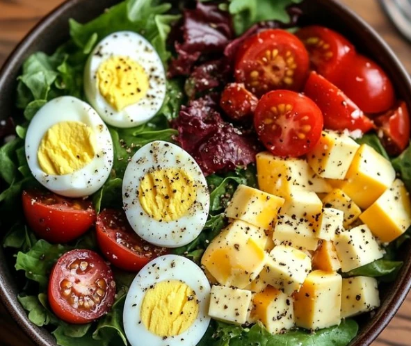 Salade fraîche et légère : Légumes, œufs et fromage